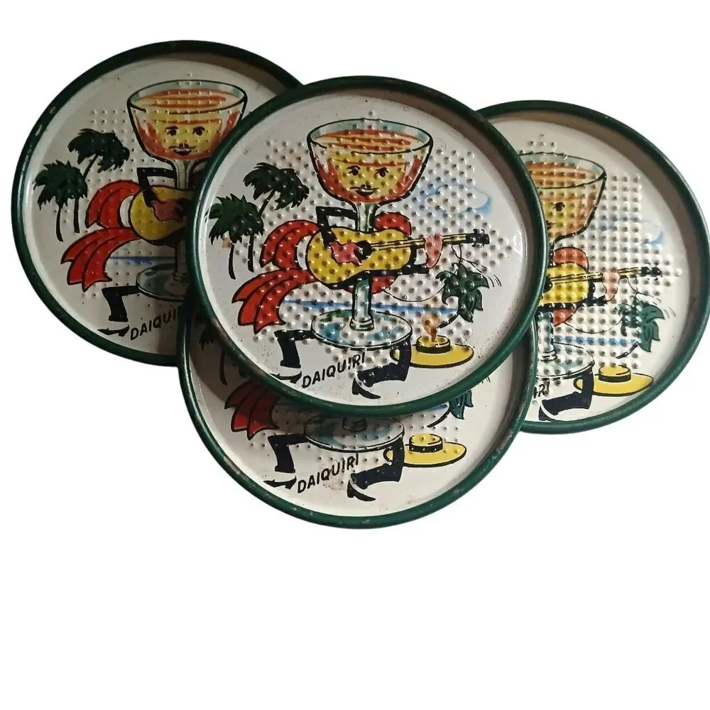 1950's Tin Litho Drink Coasters Scotch Soda Daiquiri Vintage 8 Set